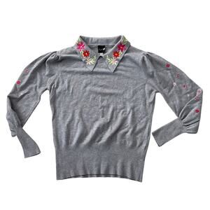 Aaeda Gray Embroidered Puff Sleeve Sweater L
